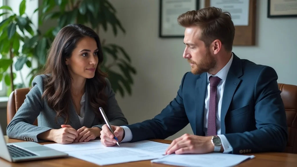 Professional marriage green card lawyer consulting a diverse married couple in a modern law office
