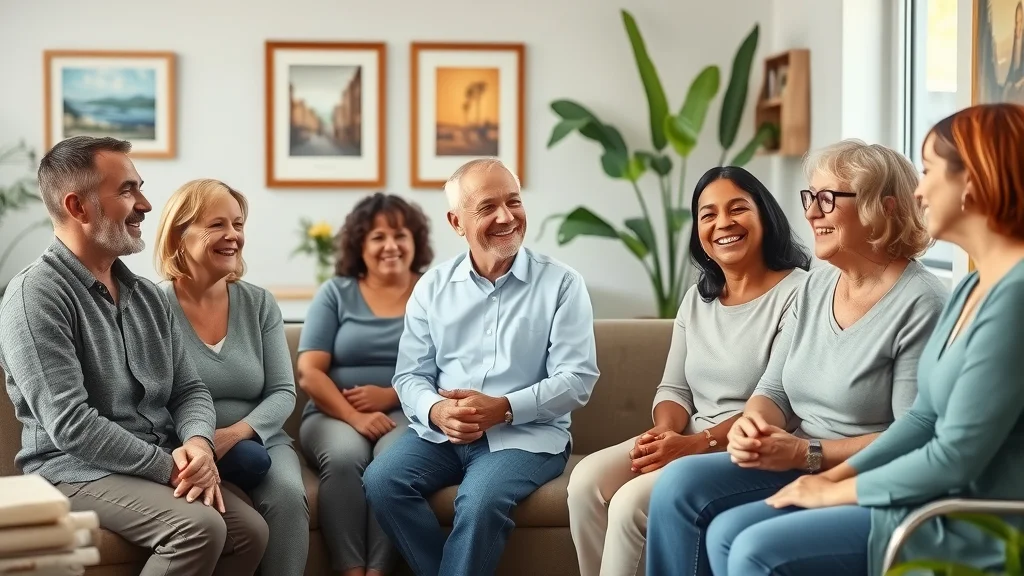 Happy diverse group of Sacramento chiropractor patients of all ages comfortably waiting in a bright, inviting lobby decorated with local artwork and greenery