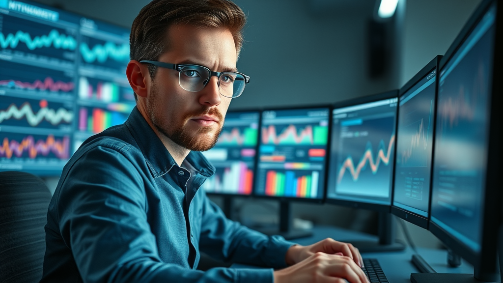 Focused SEO specialist at a high-tech workspace monitoring search engine optimization and link building dashboards. Cool tones and dynamic displays, sharp modern setting.