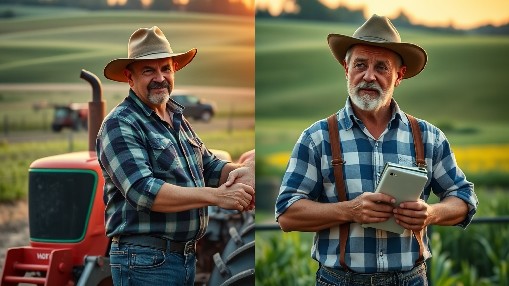 split scene: farmer happy with lender and new tractor, worried farmer with empty wallet, clear comparison of financing pros and cons