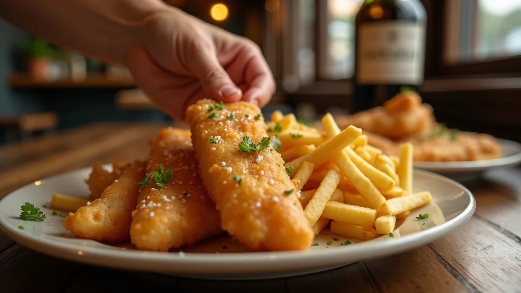 Close-up of fish and chip Hilton Head—hand reaching for fries at a rustic wooden table, fluffy fries, crispy batter, and garnishes in a lively restaurant