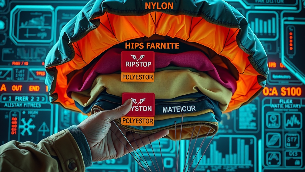 cross-section of military surplus parachute materials, highlighted layers of nylon, ripstop, polyester with technical background