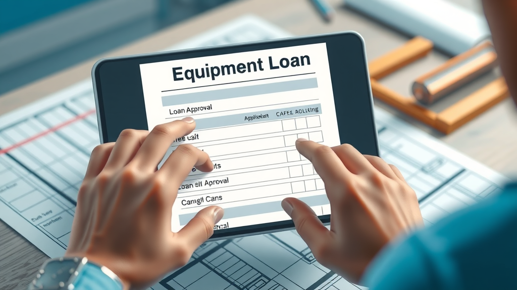 Applying online for construction equipment financing using a digital form, with a loan approval checklist on screen and construction plans in view