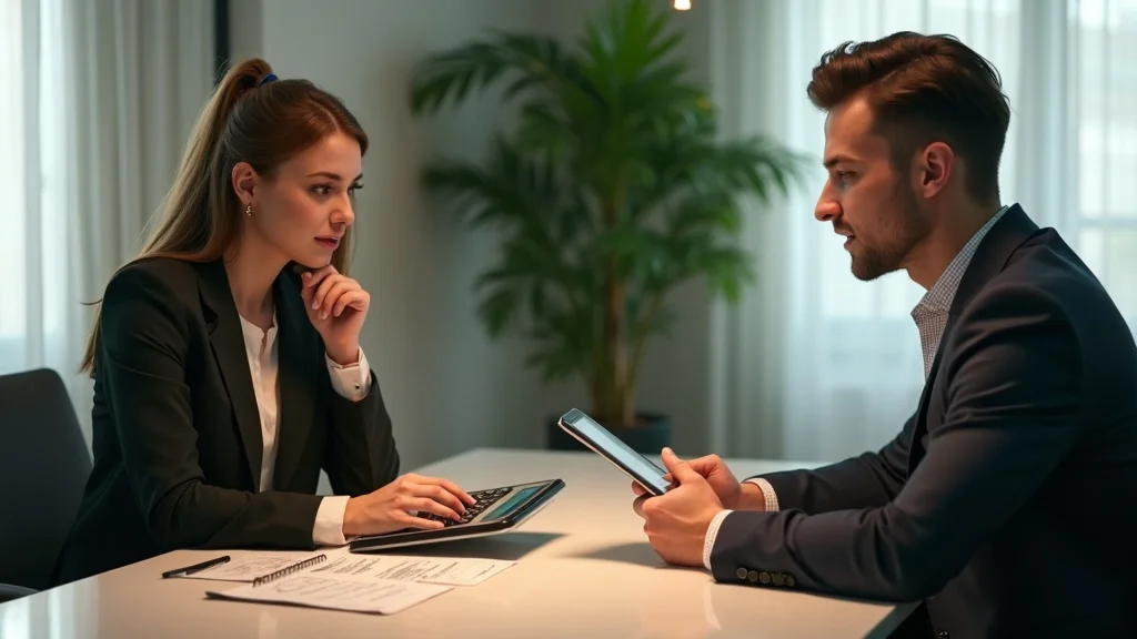 Client and lawyer discussing payment options for an H-1B visa lawyer in a sleek office, with calculator and payment charts.