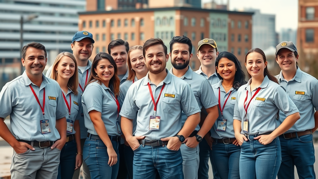 Professional painting team in St. Paul displaying credentials. Experienced and friendly painters in branded uniforms with a city backdrop, representing professional painters St. Paul Minnesota.