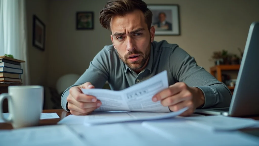 DIY tax prep at home: worried individual reviewing tax forms and receipts in a cluttered home office with laptop and coffee mug