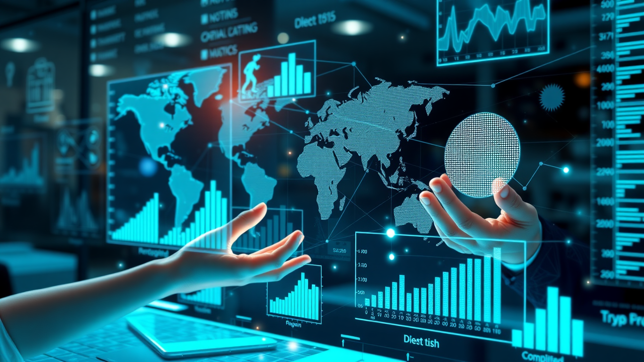 Online marketing and digital marketing influence infographic showing statistics, graphs, and global connectivity in a digital workspace
