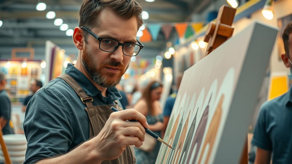 artist painting, focused, creating art on a canvas, Cinematic, bustling art fair with colorful booths, highly detailed, lively vibe, pastel colors, diffused lighting, shot with a macro lens.