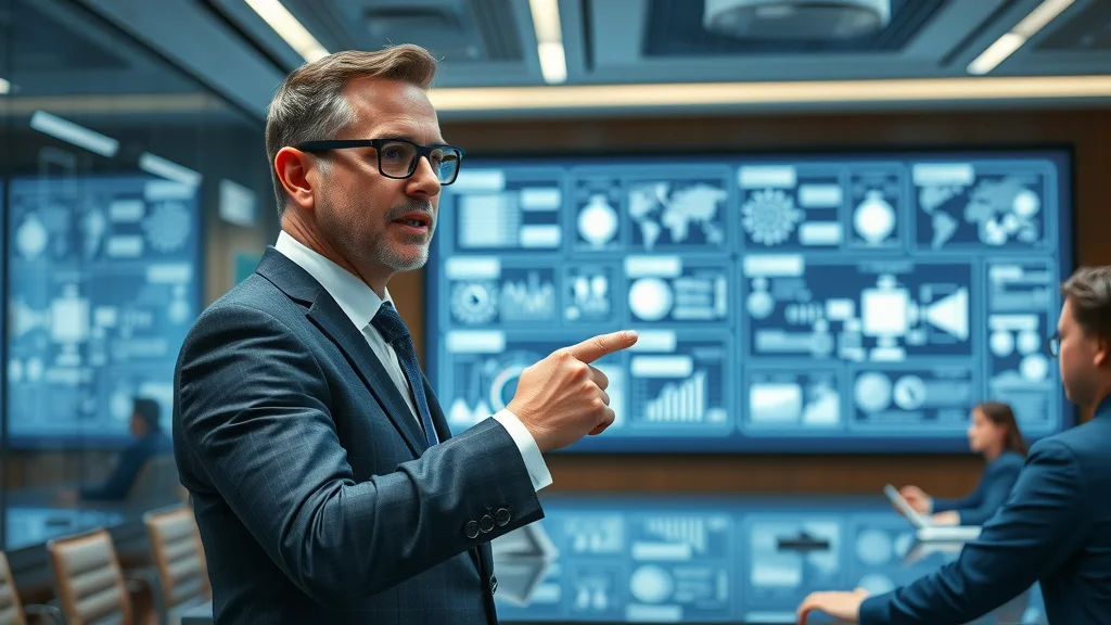 Business leader presenting AI strategy for professional services on a digital screen in a boardroom