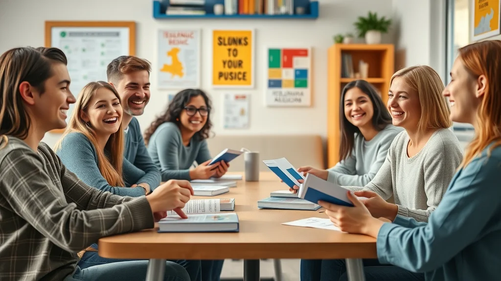 Bright, inviting scene of young adults practicing Russian conversation in a cozy classroom, embodying what is the best way to learn to speak Russian