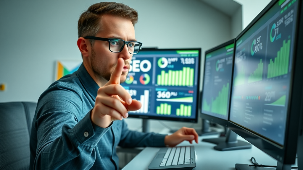 Digital marketer researching SEO keywords on dual monitors for small business in modern minimalist workspace
