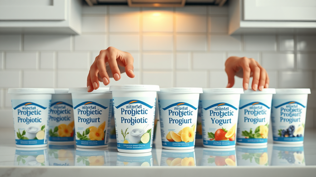 variety of branded probiotic yogurts arranged on kitchen counter for digestive health