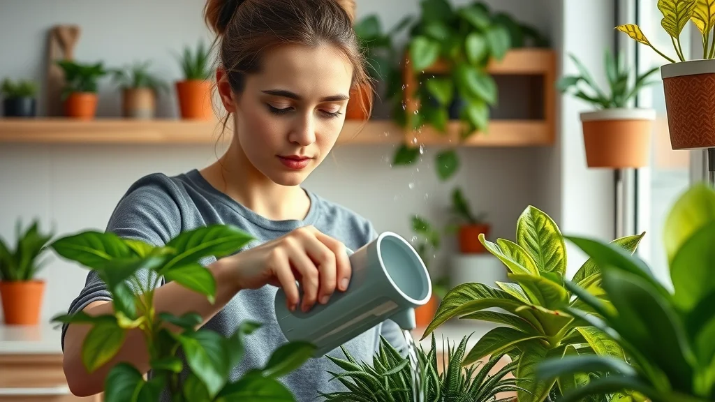 Cozy plant care scene—person watering vibrant potted exotics, modern kitchen, close-up exotic plant health and plant care action