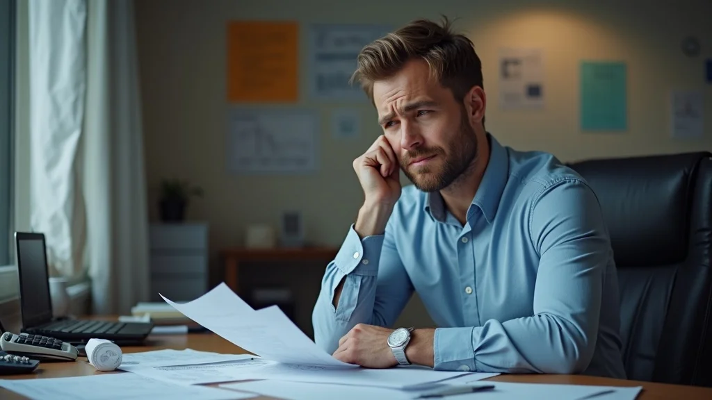 Concerned remodeling business owner reviewing financial statements at a desk, blueprints and paperwork scattered, cash flow concerns evident