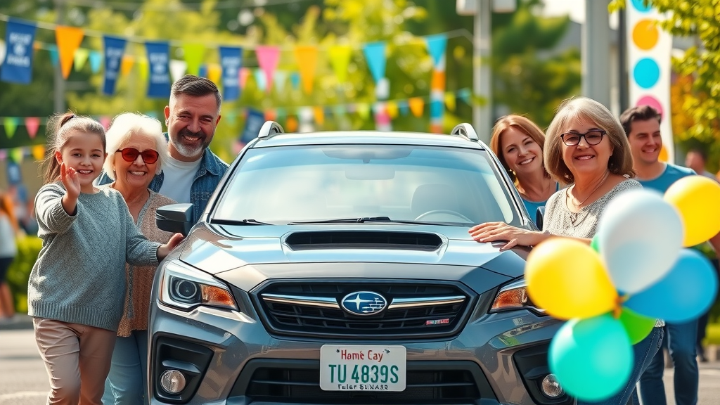 Subaru Love Promise community event, multigenerational family celebrating with a Subaru in a vibrant neighborhood