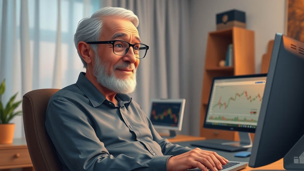 Content older man analyzing stocks in a detailed home office setting.