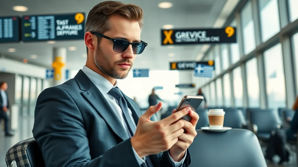 Jet-setting businessperson confidently practicing Greek phrases on a mobile device in a modern airport lounge with Greek flag visible and cool gray with Mediterranean blue tones.