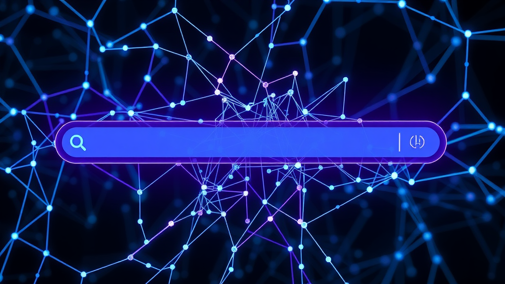 intricate neural network visual overlaying a search bar representing deep learning and generative AI in search