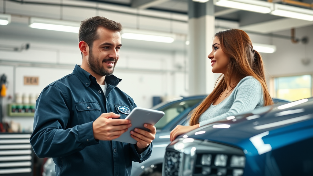 Young couple at Subaru service center, learning from a mechanic - checking recalls and issues - 10 questions smart buyers ask before test driving a subaru
