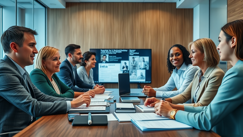 Diverse family law group discussing collaborative divorce case in a modern Connecticut conference room, interactive session with legal materials.