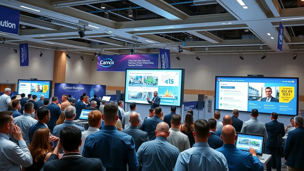 Professional trucking technology conference demonstration of dispatch software for trucking with engaged presenters and audience