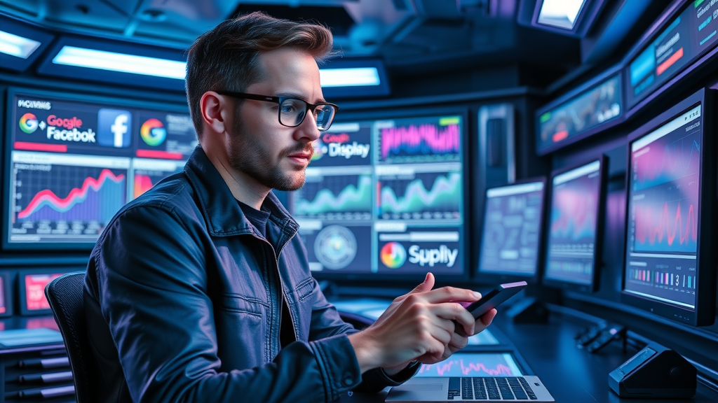 Marketer planning cross-platform ad campaigns with analytics for online advertising for businesses
