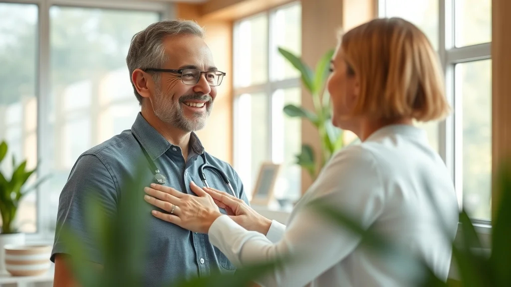 chiropractor sacramento inviting clinic environment, smiling patient with professional chiropractor, relaxed gentle consultation in modern Sacramento CA office, natural wood accents and green plants
