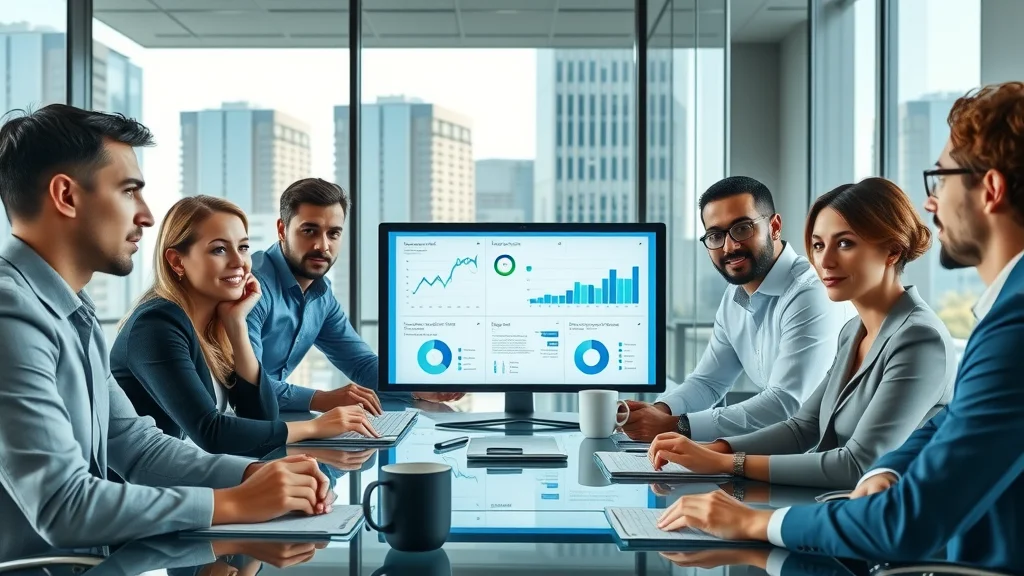 Business team discussing ethical ai governance and compliance in a modern office, reviewing AI dashboards