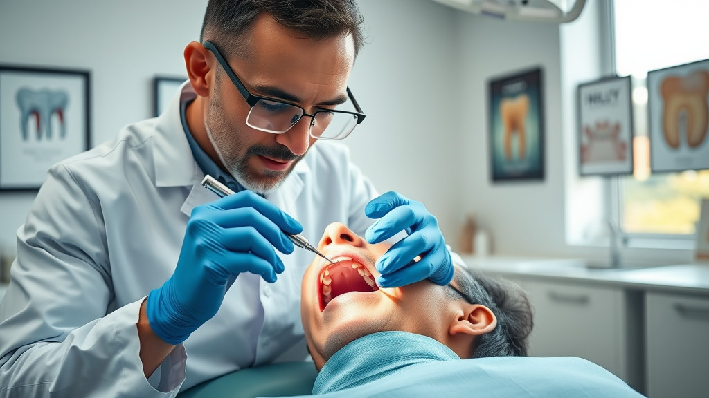 a photo of a dentist performing a scaling and root planing procedure, highlighting the importance of regular dental care to prevent periodontal disease.