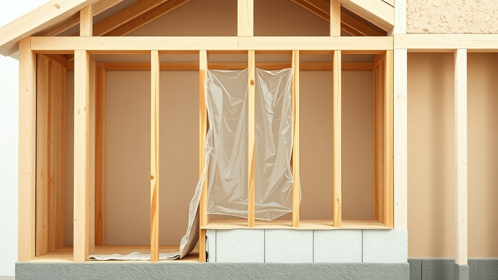 wall cross-section showing wood framing, insulation, drywall, and shrunken wood components causing nail pops or screw pops in walls