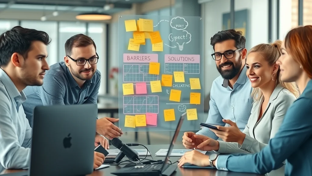 professional team overcoming AI adoption challenges, collaborative diverse meeting with digital charts and glass boards, photorealistic