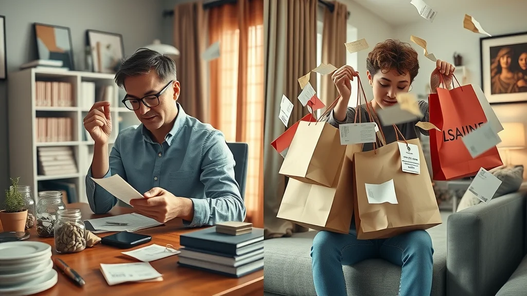 Contrasting lifestyles showing financial discipline versus overspending, featuring organized bills and savings jars against luxury shopping bags