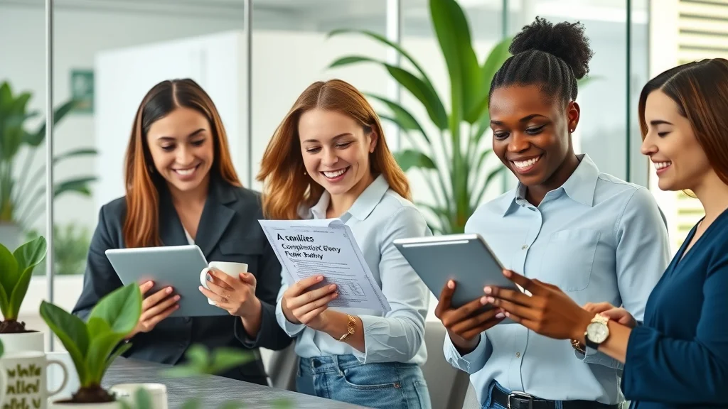 Compliance officers reviewing AI governance policy in a bright conference room
