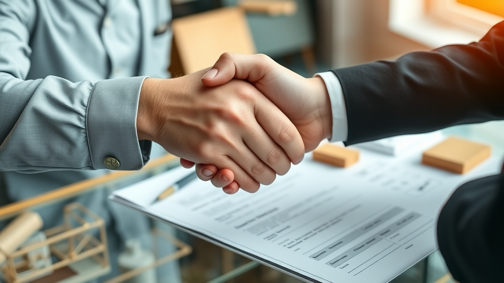Construction equipment financing agreement with a handshake between a construction business owner and a banker, with financial documents and blueprints