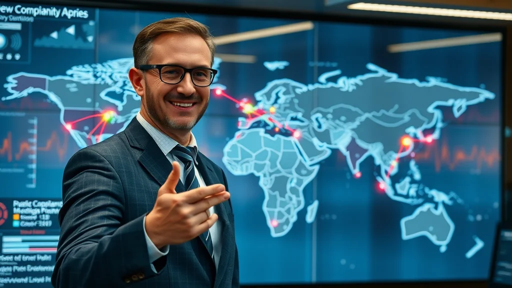 Business leader demonstrating global AI governance compliance map in a digital operations center