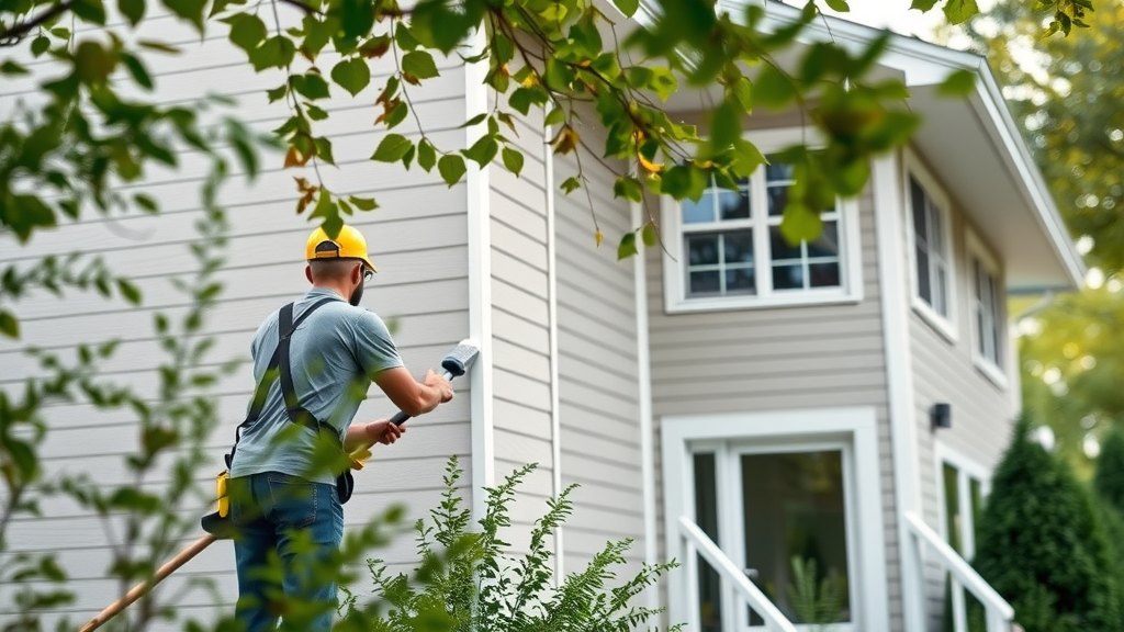 Modern Minneapolis house exterior, painting crew applying fresh coat of paint to siding and trim with leafy suburb backdrop