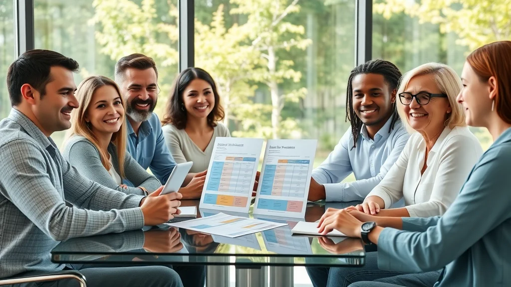 Diverse adults evaluating covenant homeownership program features, printed benefit comparison charts, and laptops in a green-lit modern office