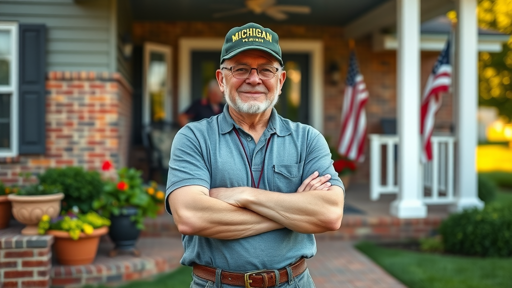 Confident Michigan veteran on front porch with home—proud homeowner benefits from Michigan VA mortgage refinance Confident Michigan veteran on front porch with home—proud homeowner benefits from Michigan VA mortgage refinance