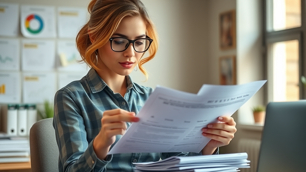 Small business owner organizing paperwork for construction equipment financing, focused and confident, financial documents and laptop in office setting