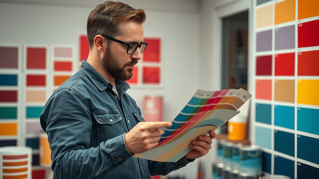 Trendy paint swatches and cans reviewed by professional painter selecting modern Minneapolis paint colors