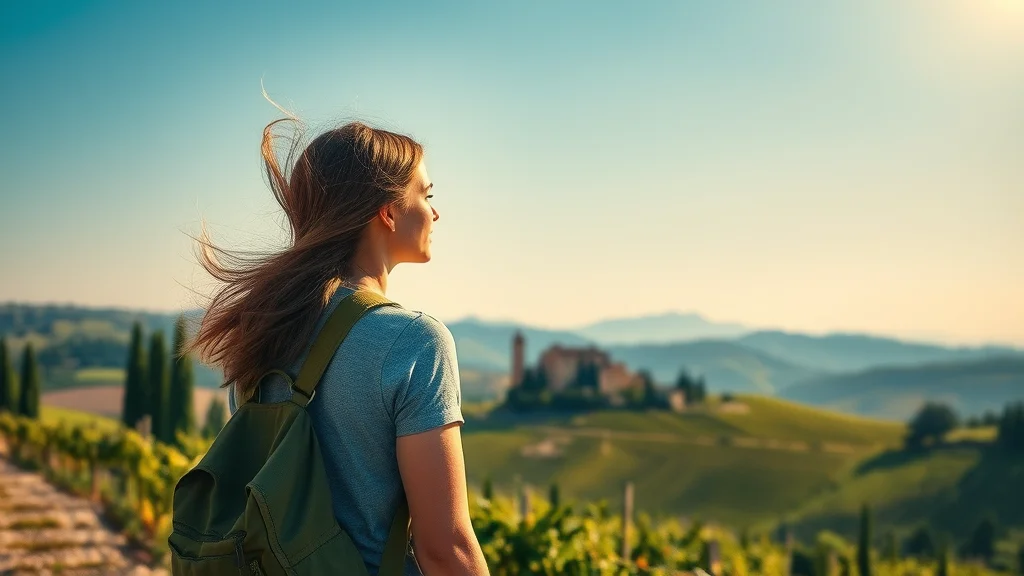 Hopeful traveler gazing at rolling Tuscan hills, inspiring the start of an Italian language learning journey.