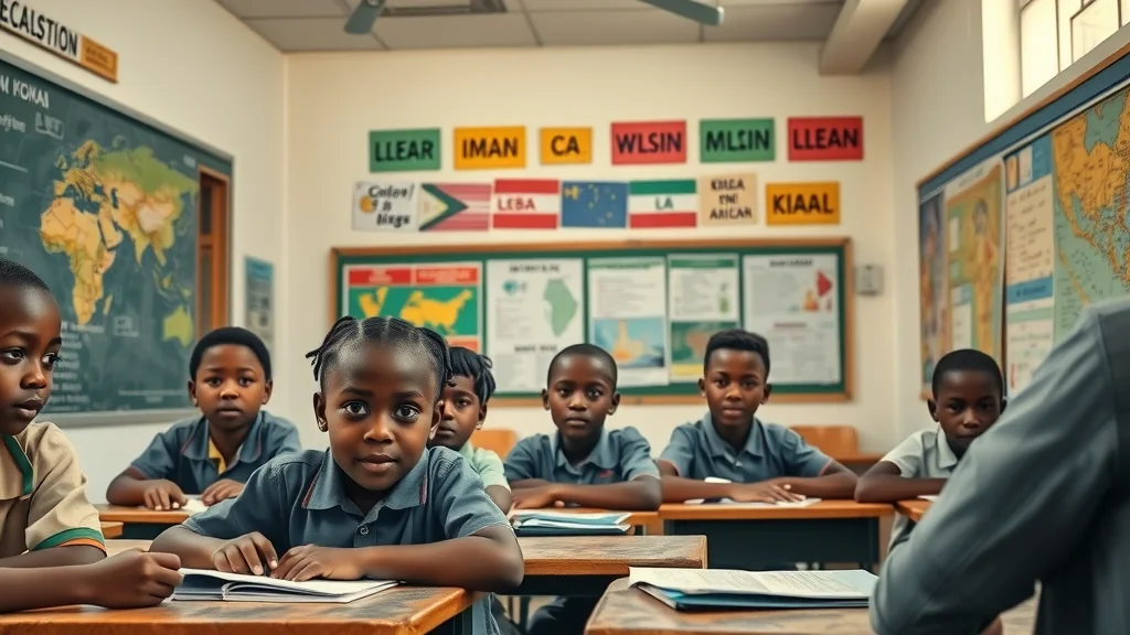 Photo of a modern African school classroom with students learning multiple languages, reflecting the contrast of official and local languages spoken in African countries.