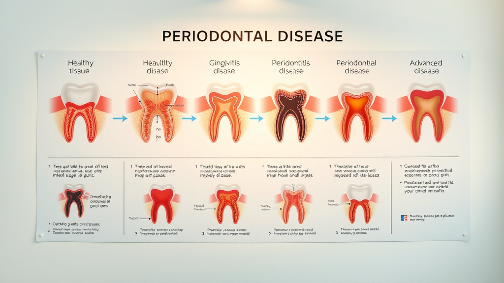 an infographic showing the stages of periodontal disease, illustrating its progression and impacts.