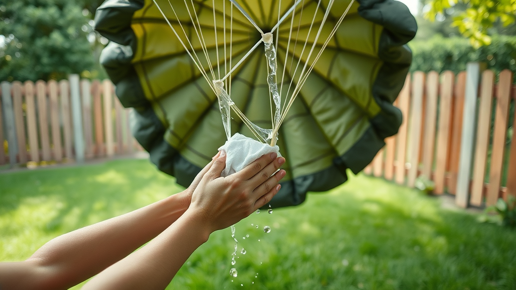 military surplus parachute being hand washed in a shaded backyard, water droplets on fabric, gentle cleaning in action