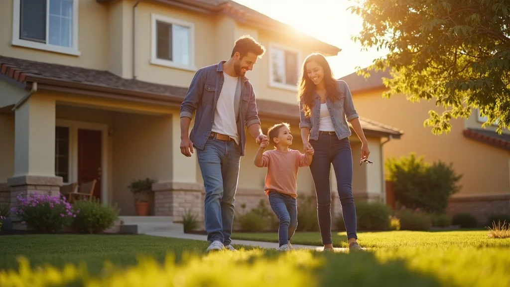 Happy family with keys outside Peoria home after working with a mortgage lender