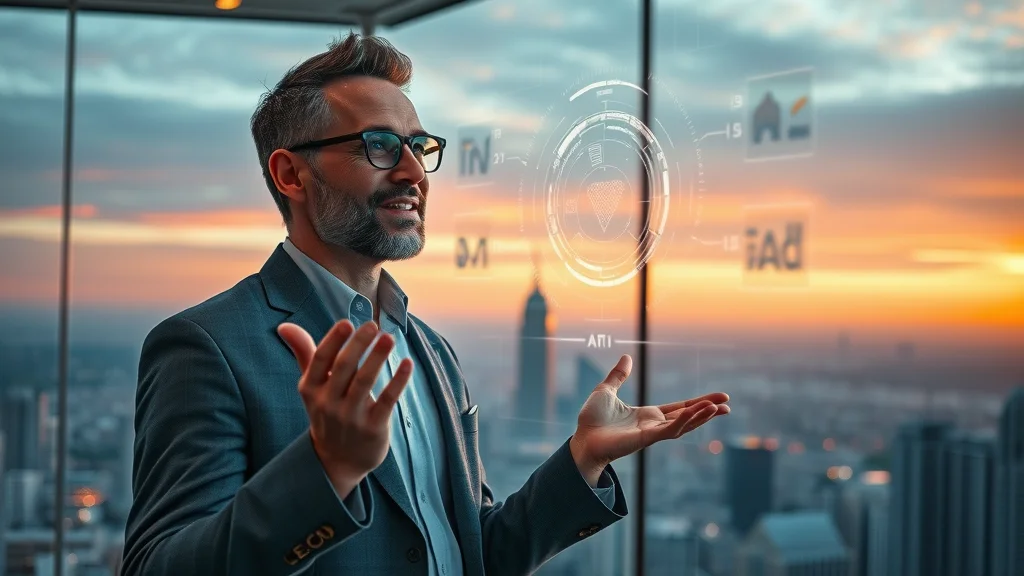 Visionary consultant gestures toward futuristic AI interface forecasting new frontiers in ethical AI governance