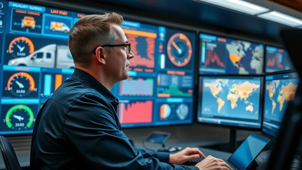 Dispatcher monitoring live fleet dashboard with AXISTMS real-time vehicle tracking indicators – photorealistic, high tech operations center