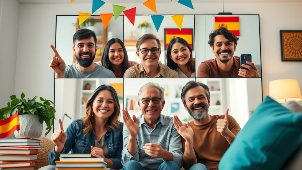 Friendly virtual group online celebrating Spanish language learning success together