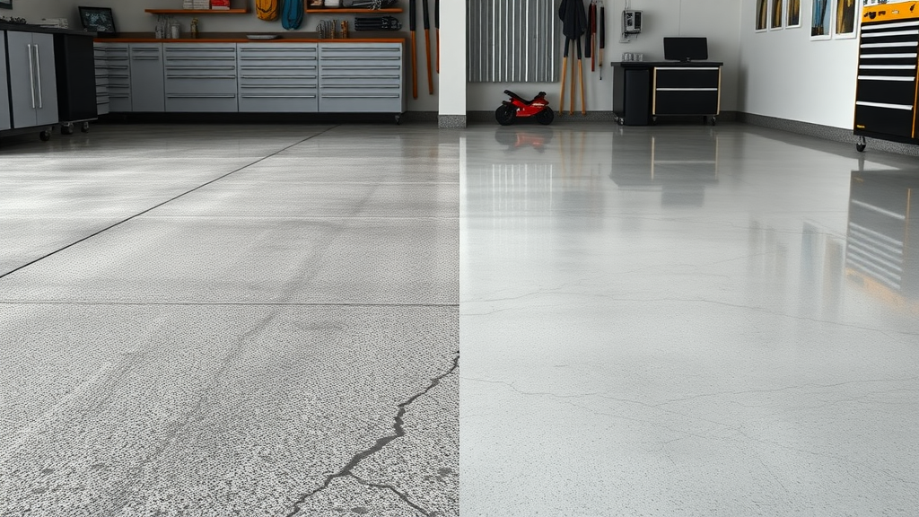 side-by-side comparison of epoxy-coated and bare concrete floors, distinct difference in texture and color