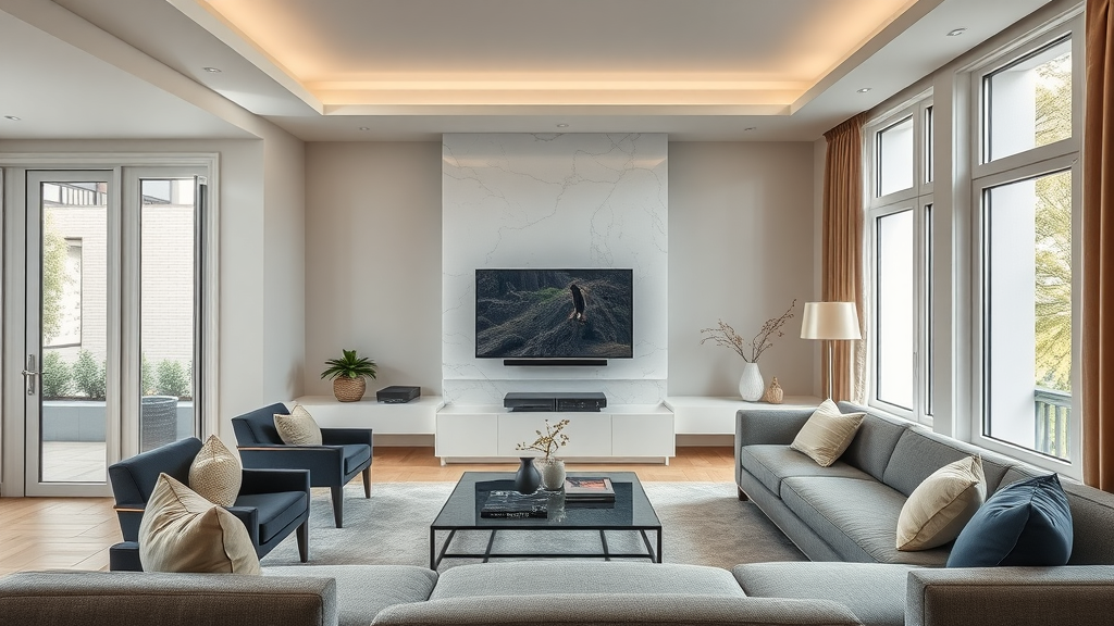 Elegant living room, TV flush against the wall